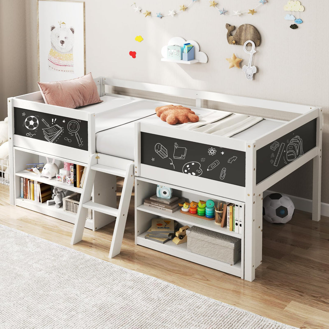 Giantex Low Loft Bed Twin Size, Wooden Loft Bed with Ladder &amp; Blackboard