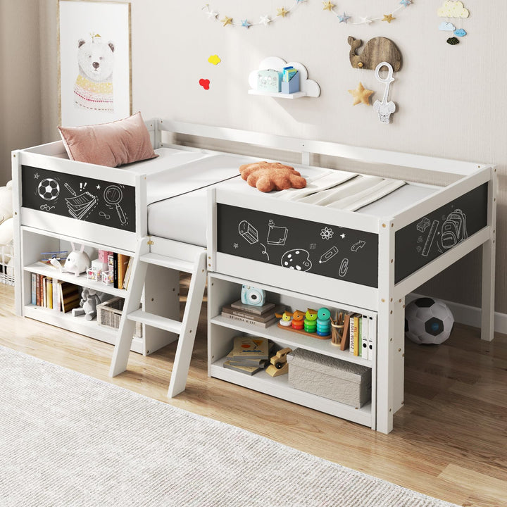 Giantex Low Loft Bed Twin Size, Wooden Loft Bed with Ladder &amp; Blackboard