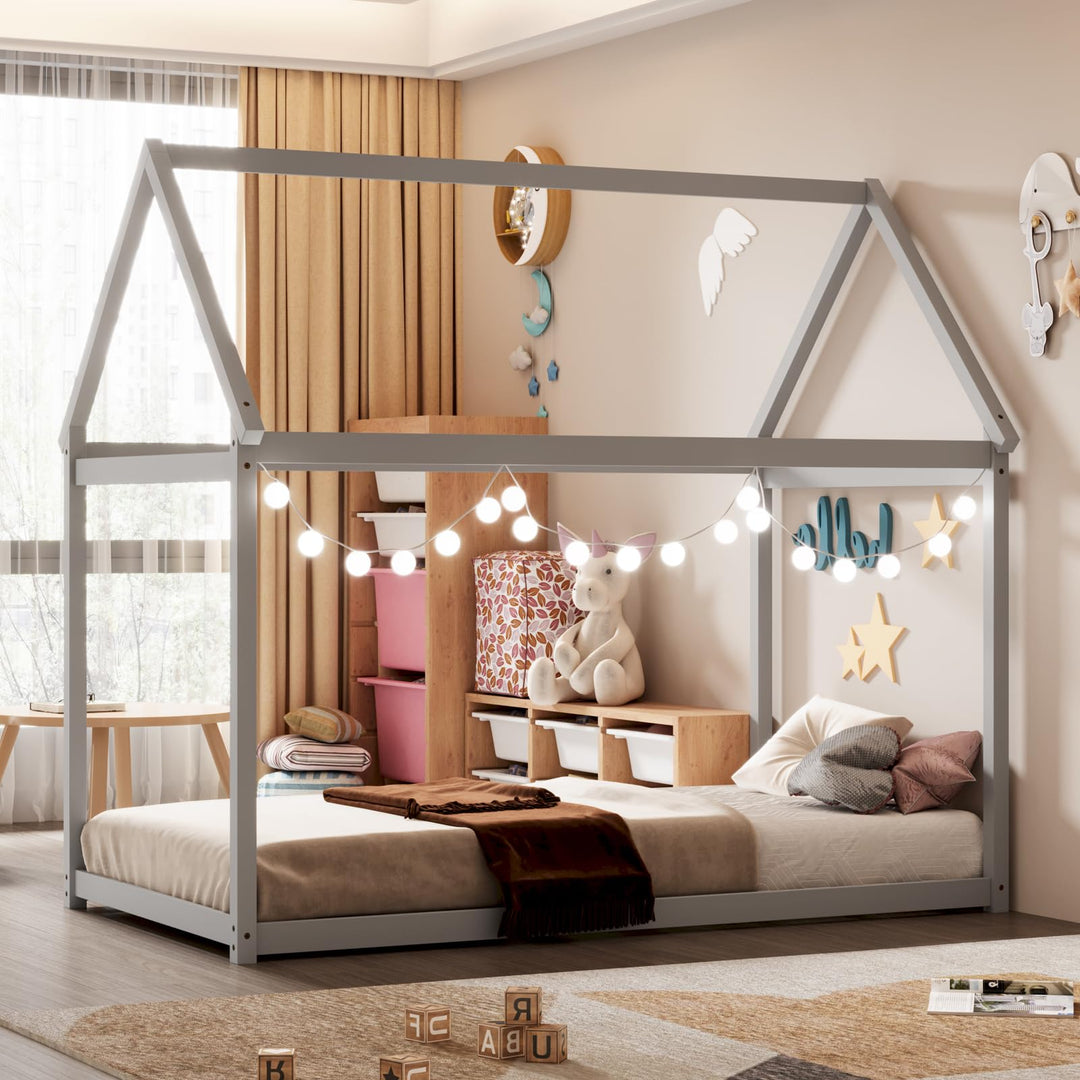 Giantex Twin House Bed, Wood Montessori Bed Frame with House Roof Canopy