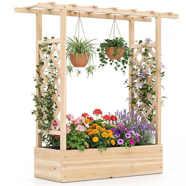 Giantex Wooden Raised Garden Bed with Trellis &amp; Hanging Roof