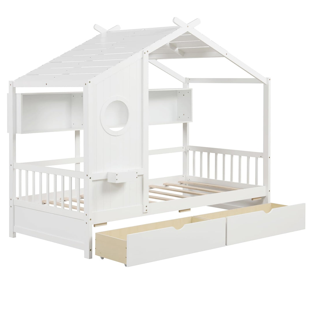 Giantex Twin House Bed with 2 Storage Drawers, Kids Bed Frame with Storage Cubes, Montessori Bed with Fence Guardrails &amp; Roof