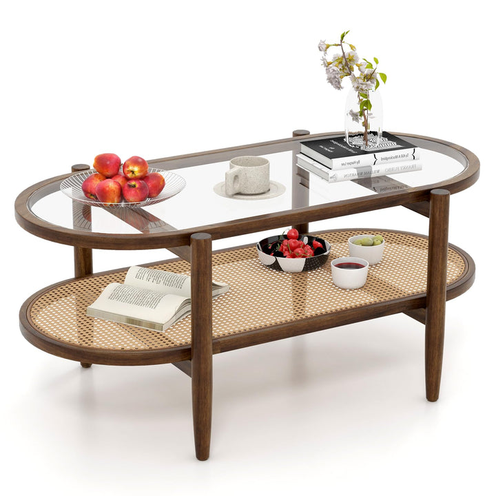 Giantex Rattan Coffee Table, 2-Tier Oval Acacia Wood Tea Table w/Tempered Glass Tabletop &amp; PE Rattan Storage Shelf