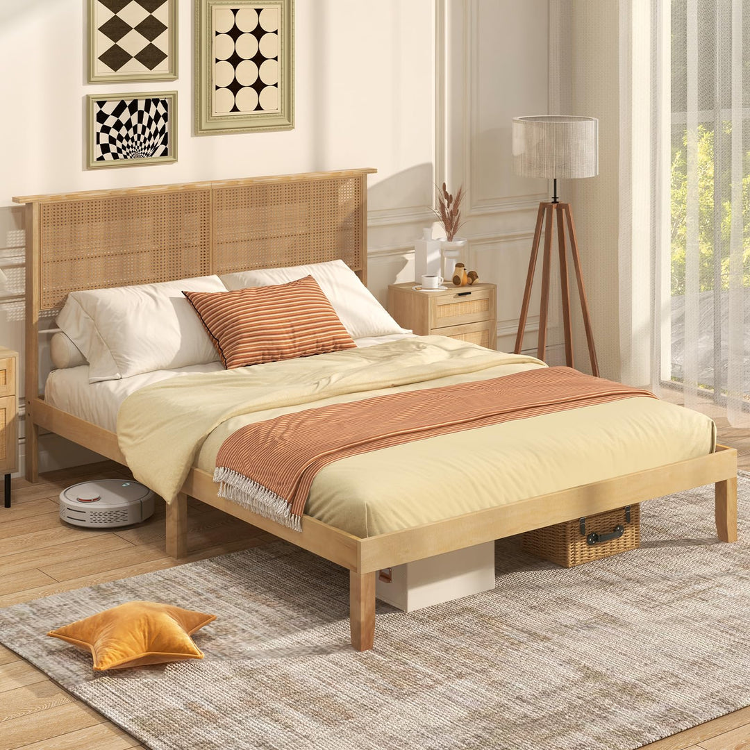 Giantex Queen/Full/Twin Size Bed Frames with Rattan Headboard, Boho Solid Wood Platform Bed with Wooden Slats