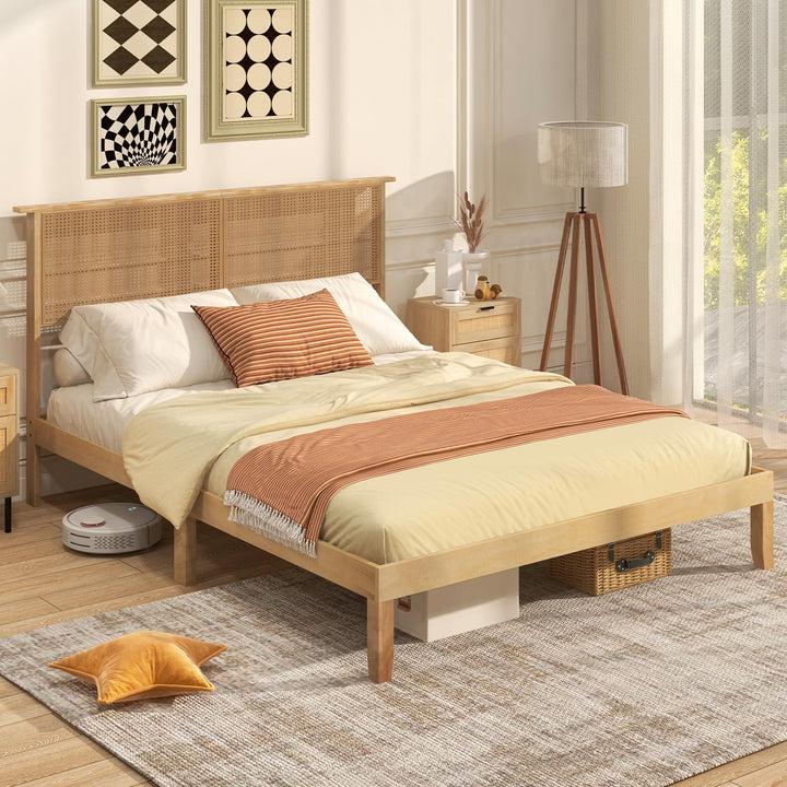 Giantex Queen/Full/Twin Size Bed Frames with Rattan Headboard, Boho Solid Wood Platform Bed with Wooden Slats