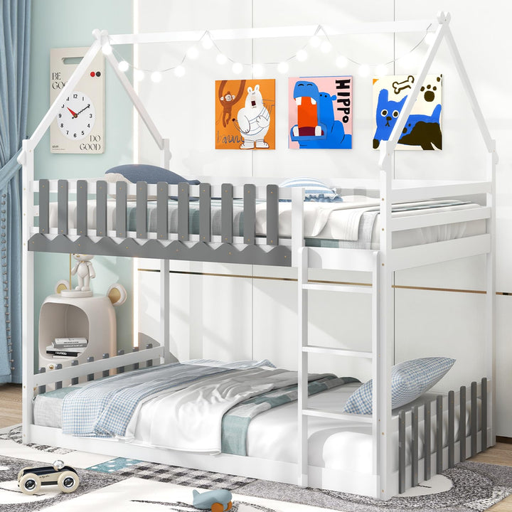 Giantex Bunk Bed Twin Over Twin, Wood House Low Bunk Bed with Ladder &amp; Fence Safety Guardrail