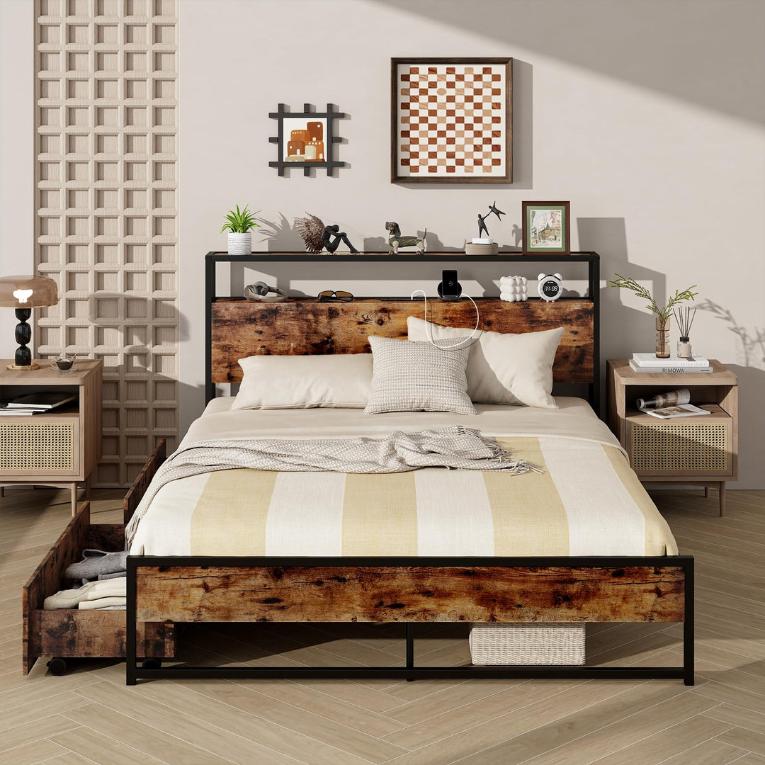Giantex Queen/Full Size Bed Frame with 2-Tier Storage Headboard