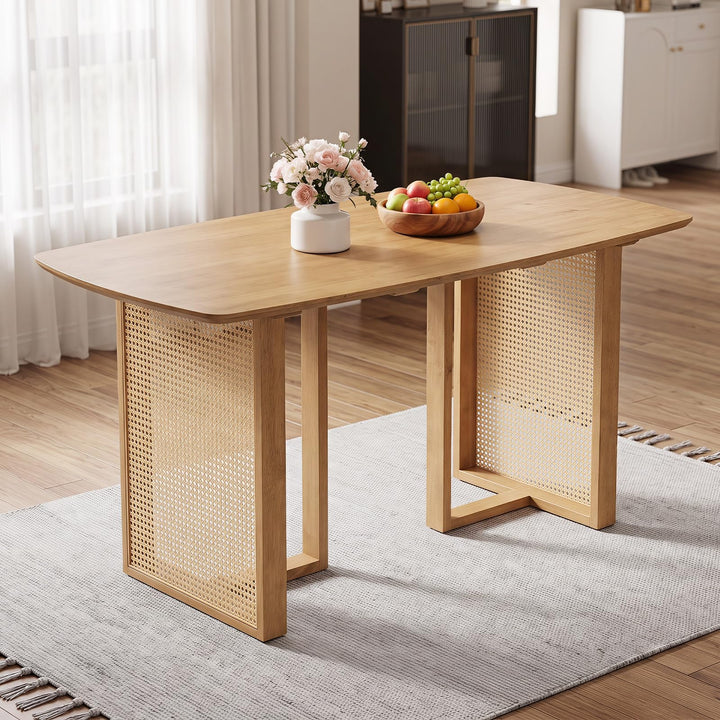 GIANTEX 55" Solid Rubber Wood Dining Table for 4-6 with Rattan Pedestal