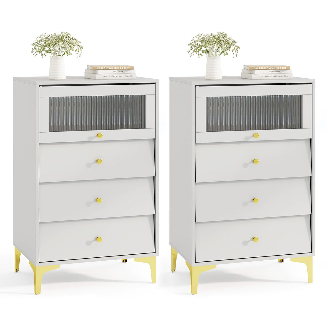 Giantex 3 Drawer Dresser, Modern Storage Cabinet w/Flip Up Fluted Glass Door &amp; Pull-Out Drawers