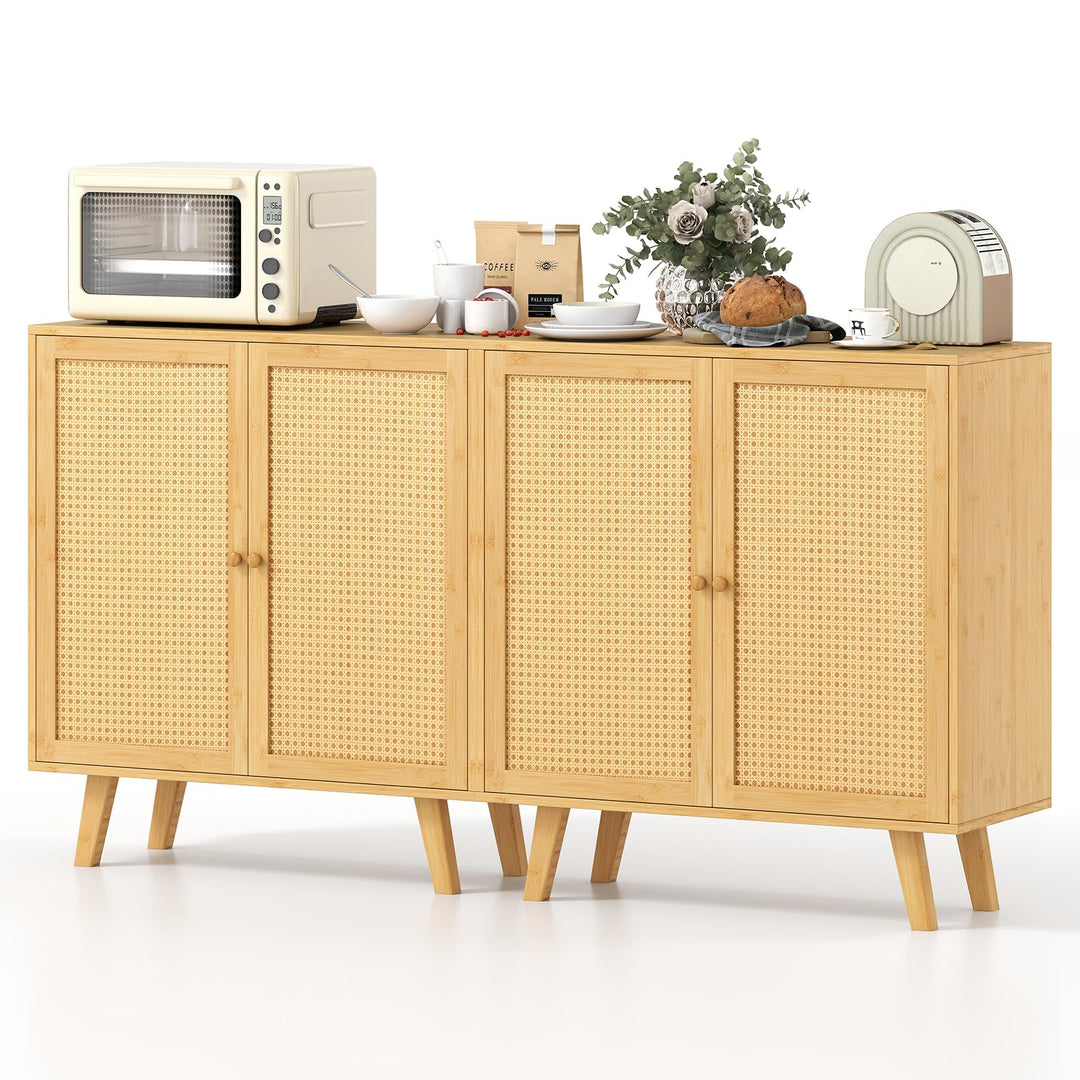 Giantex 2 Tier Bamboo Sideboard with PE Rattan Decorated Doors