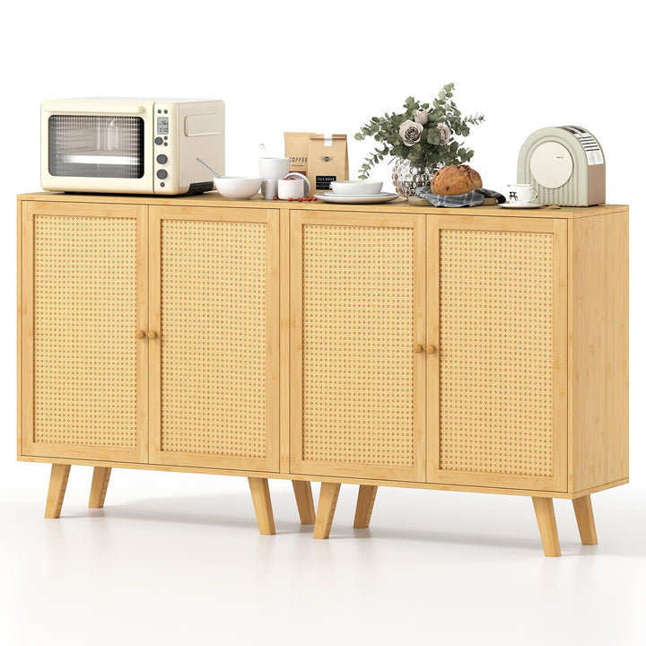 Giantex 2 Tier Bamboo Sideboard with PE Rattan Decorated Doors