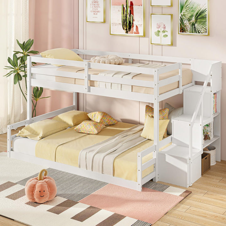 Giantex Bunk Bed with Stairs, Solid Wood Floor Bunk Bed with Storage Staircase &amp; Full-Length Guardrails