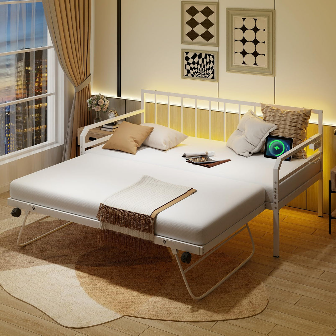 Giantex Twin Daybed with Trundle, Twin Bed Frame with Charging Station &amp; LED Lights, Metal Trundle Bed Twin w/Steel Slats Support