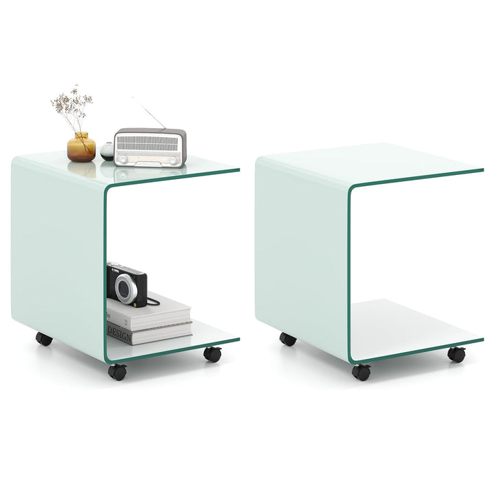 Giantex C-Shaped End Table with Wheels - Mobile Tempered Glass Sofa Couch Side Table w/2-Tier Storage Shelf