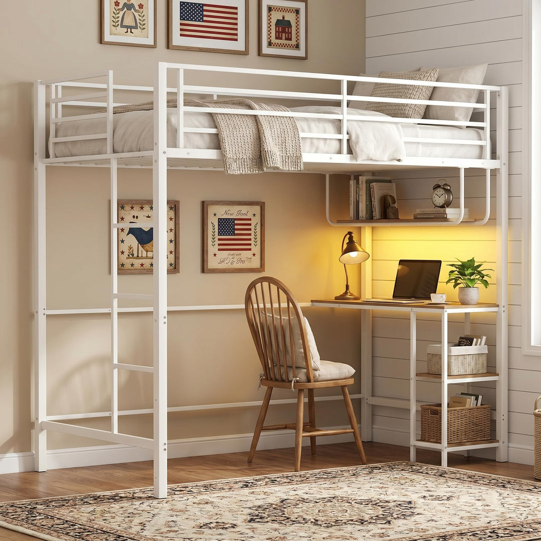Giantex Twin Loft Bed with Desk LED Lights &amp; Charging Station