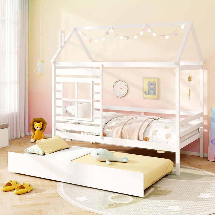 Giantex Twin House Bed with Trundle Bed Twin, Wooden Twin Bed Frames with Roof, Chimney &amp; Window