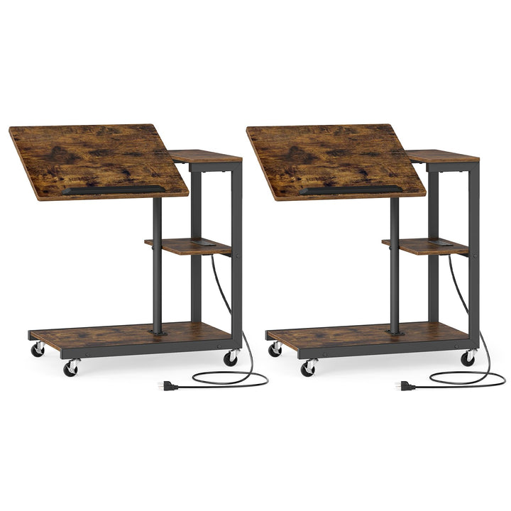 Giantex C Shaped End Table Set 2 w/Charging Station Tiltable Tabletop Wheel