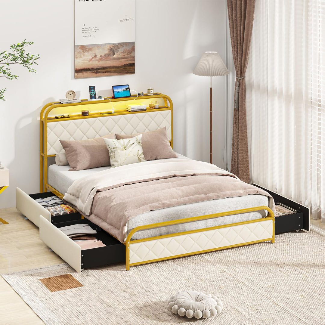 Giantex Queen/Full/Twin Size Bed Frame with 4 Storage Drawers and Charging Station
