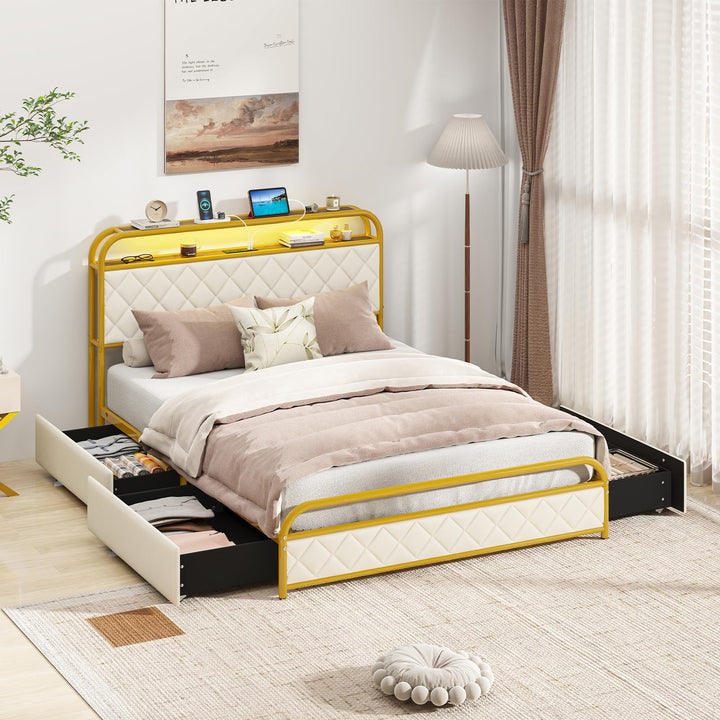 Giantex Queen/Full/Twin Size Bed Frame with 4 Storage Drawers and Charging Station
