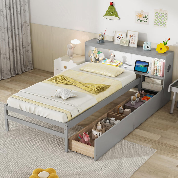 Giantex Wood Twin Bed Frame with Storage Drawer &amp; Headboard, Modern Platform Bed with Charging Station &amp; LED Light