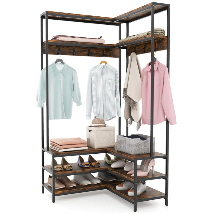 Giantex Corner Coat Rack with Shoe Bench, L-shaped Garment Rack with 5 Shelves &amp; 7 Hooks
