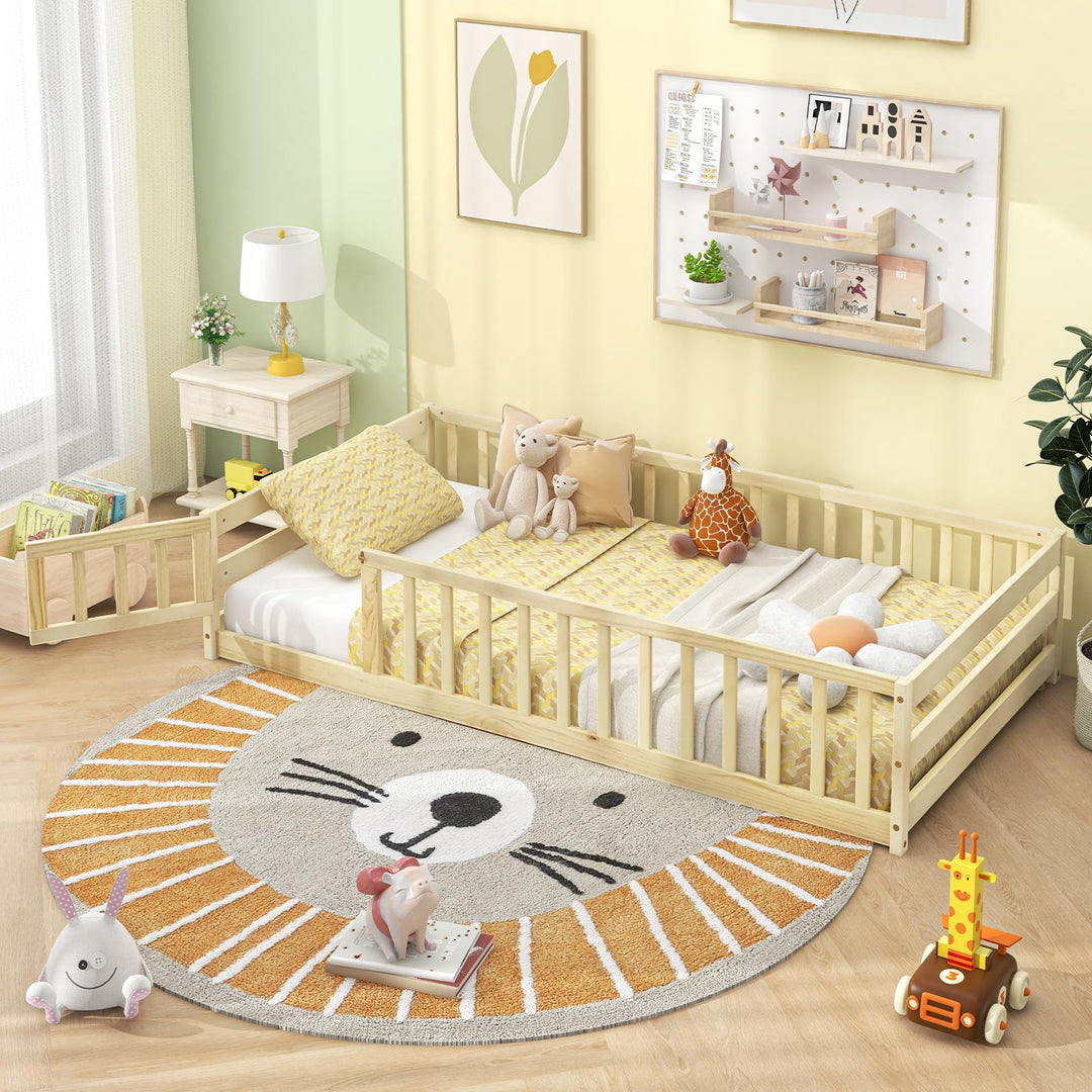 Giantex Twin Floor Bed with Door &amp; Fence, Kids Wood Montessori Bed with Safety Guardrails