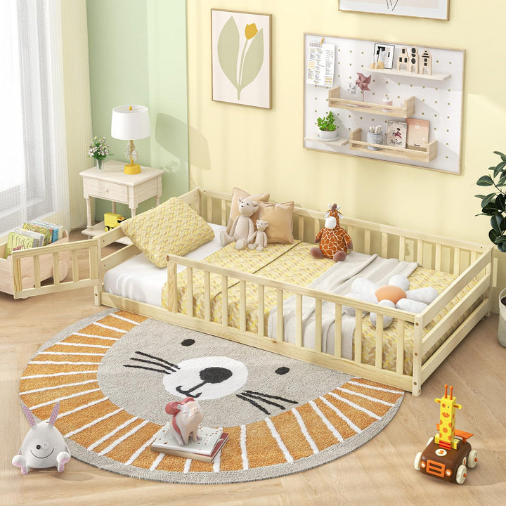 Giantex Twin Floor Bed with Door &amp; Fence, Kids Wood Montessori Bed with Safety Guardrails