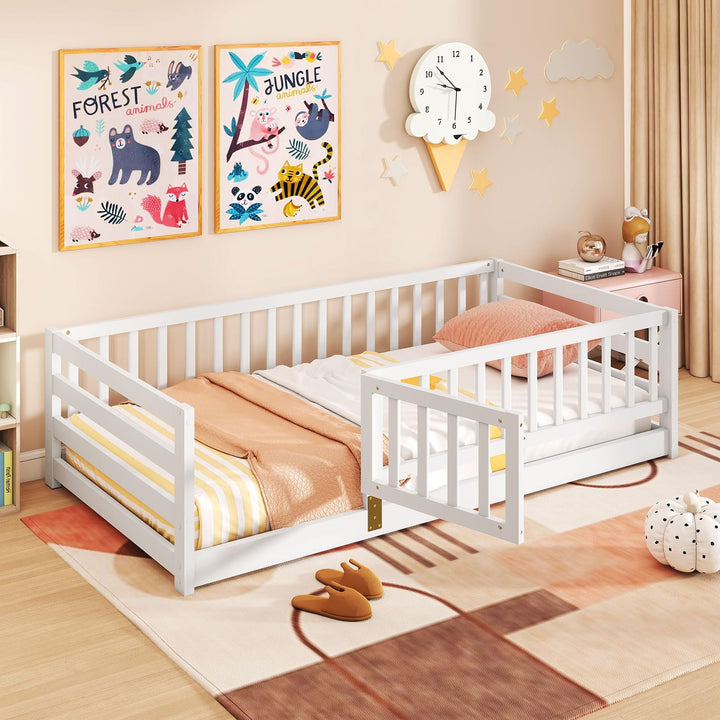 Giantex Twin Floor Bed with High Fence &amp; Door