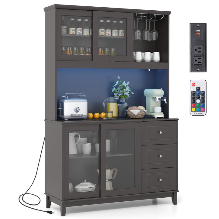 Giantex 73" Kitchen Pantry Storage Cabinet, Hutch Cabinet with LED Lights &amp; Power Outlet, Kitchen Buffet Cabinet w/Wine Glass Racks