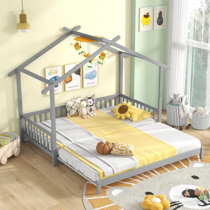 Giantex Extendable House Bed for Kids, Twin to King Daybed with Roof &amp; Fence Rails, Wood Kids Bed Frame for Teens