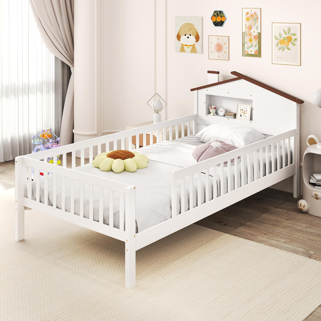 Giantex Twin Bed Frames for Kids, Solid Wood Montessori Bed with House-Shaped Headboard &amp; Built-in Storage Shelf