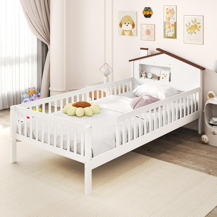 Giantex Twin Bed Frames for Kids, Solid Wood Montessori Bed with House-Shaped Headboard &amp; Built-in Storage Shelf