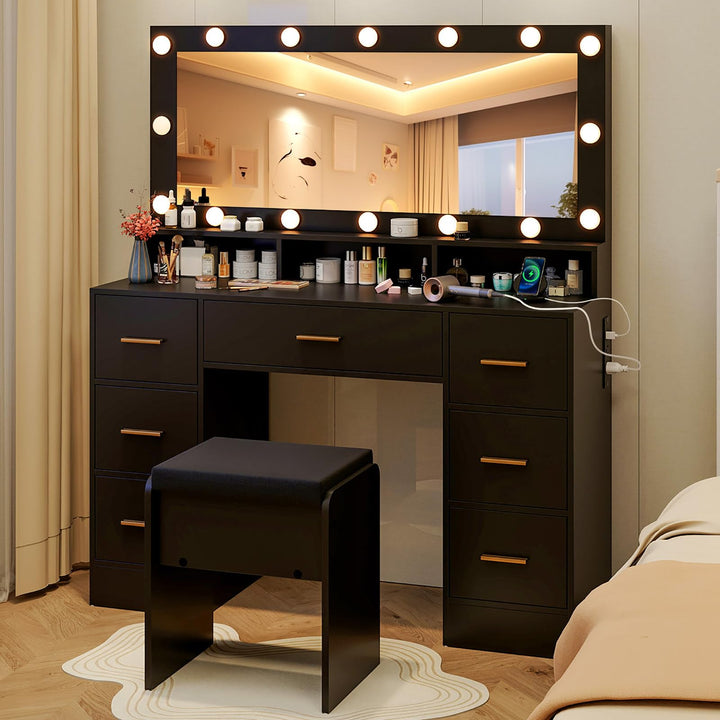 Vanity Desk with Large Mirror and Lights, 46.5" Makeup Vanity Desk with 7 Drawers