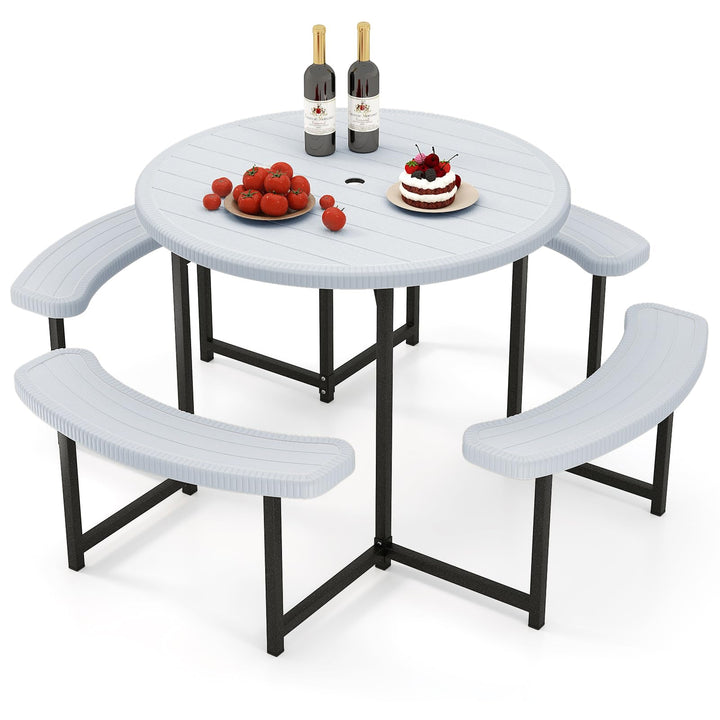 Giantex Round Picnic Table Bench Set with 4 Benches and Umbrella Hole for Patio Lawn