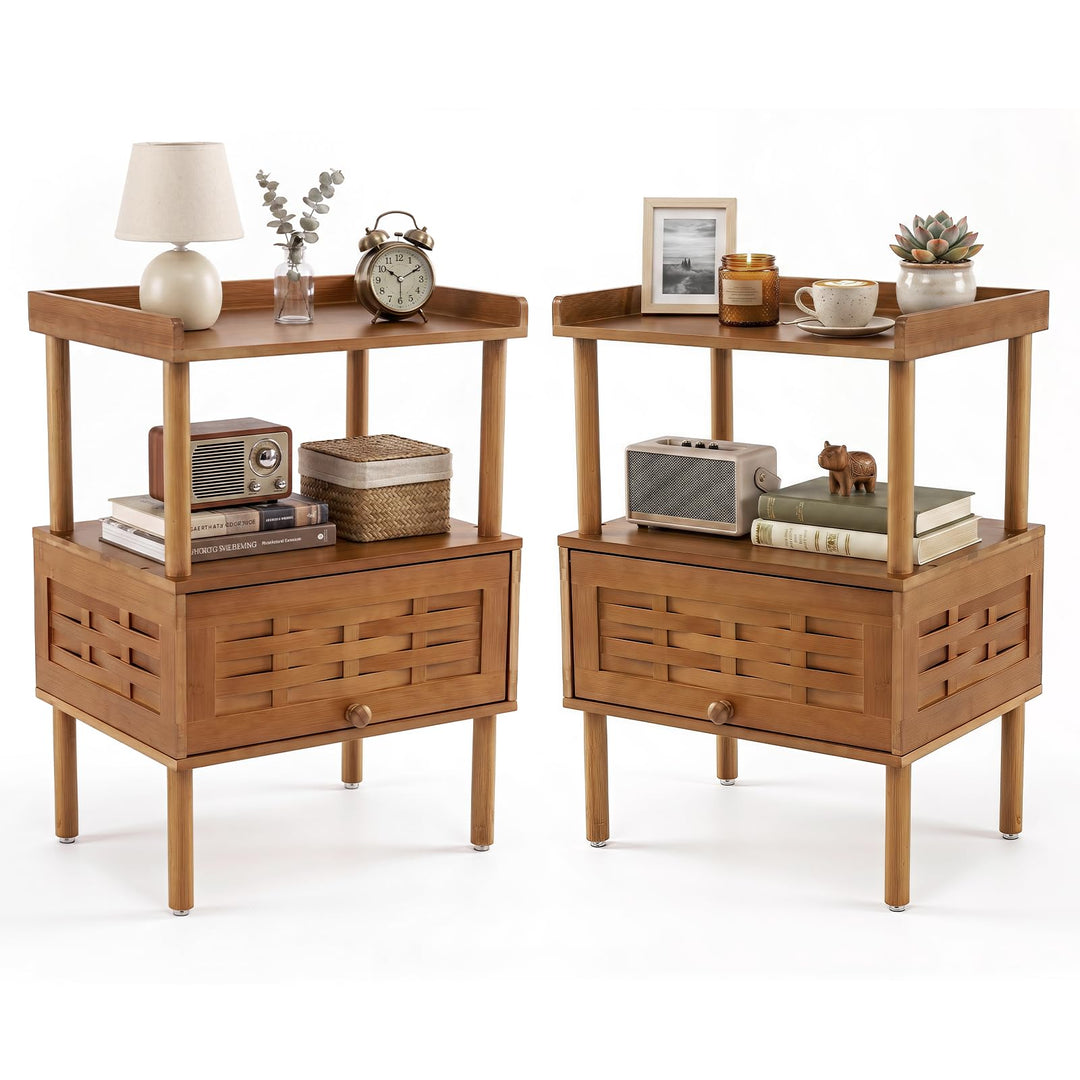Giantex Boho Bamboo Rattan Nightstand w/Flip-Up Door &amp; Rasied Edge