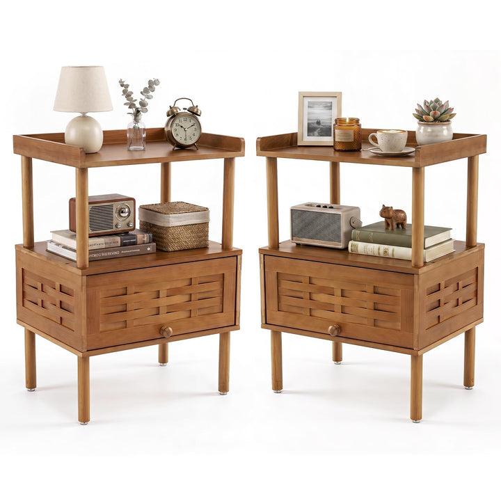 Giantex Boho Bamboo Rattan Nightstand w/Flip-Up Door &amp; Rasied Edge