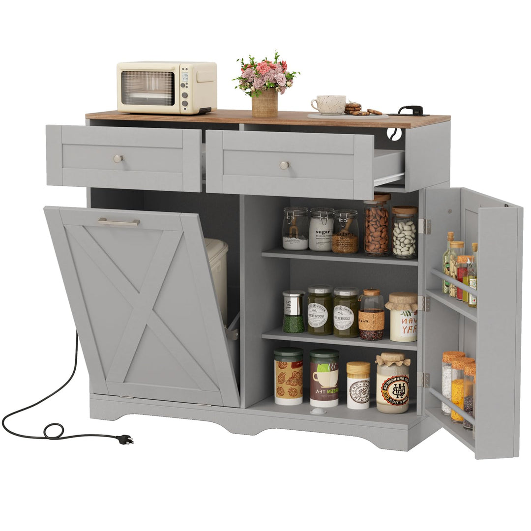 Tilt Out Trash Can Cabinet 9.25 Gallon, Kitchen Island with Power Outlet