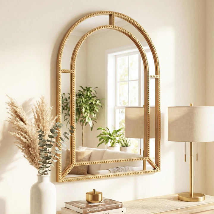 Giantex Gold Arched Wall Mirror with Beaded Frame for Bathroom Entryway