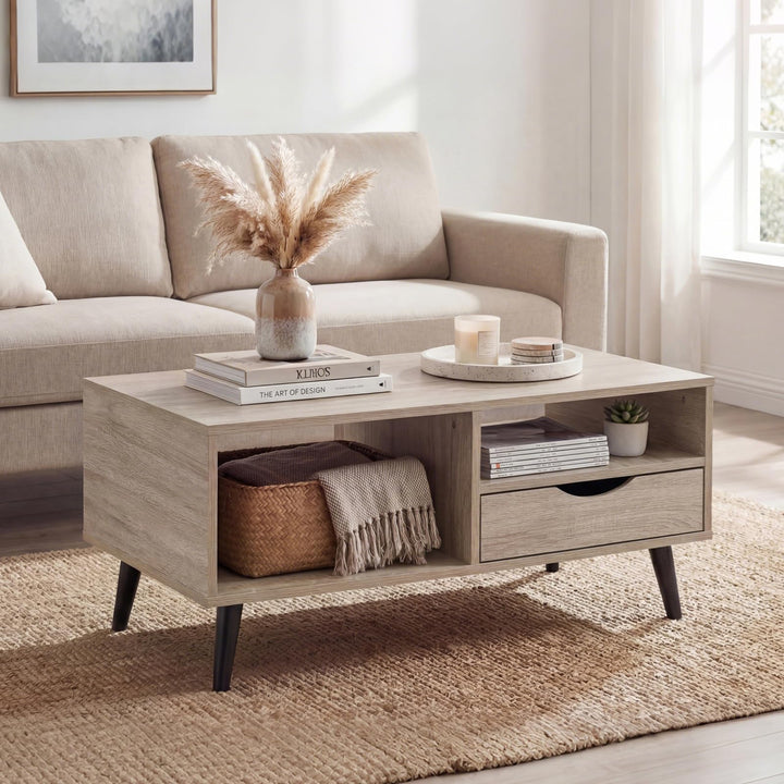 Giantex Wood Coffee Table with Storage Drawer 36.5 Inch Rustic Center Table
