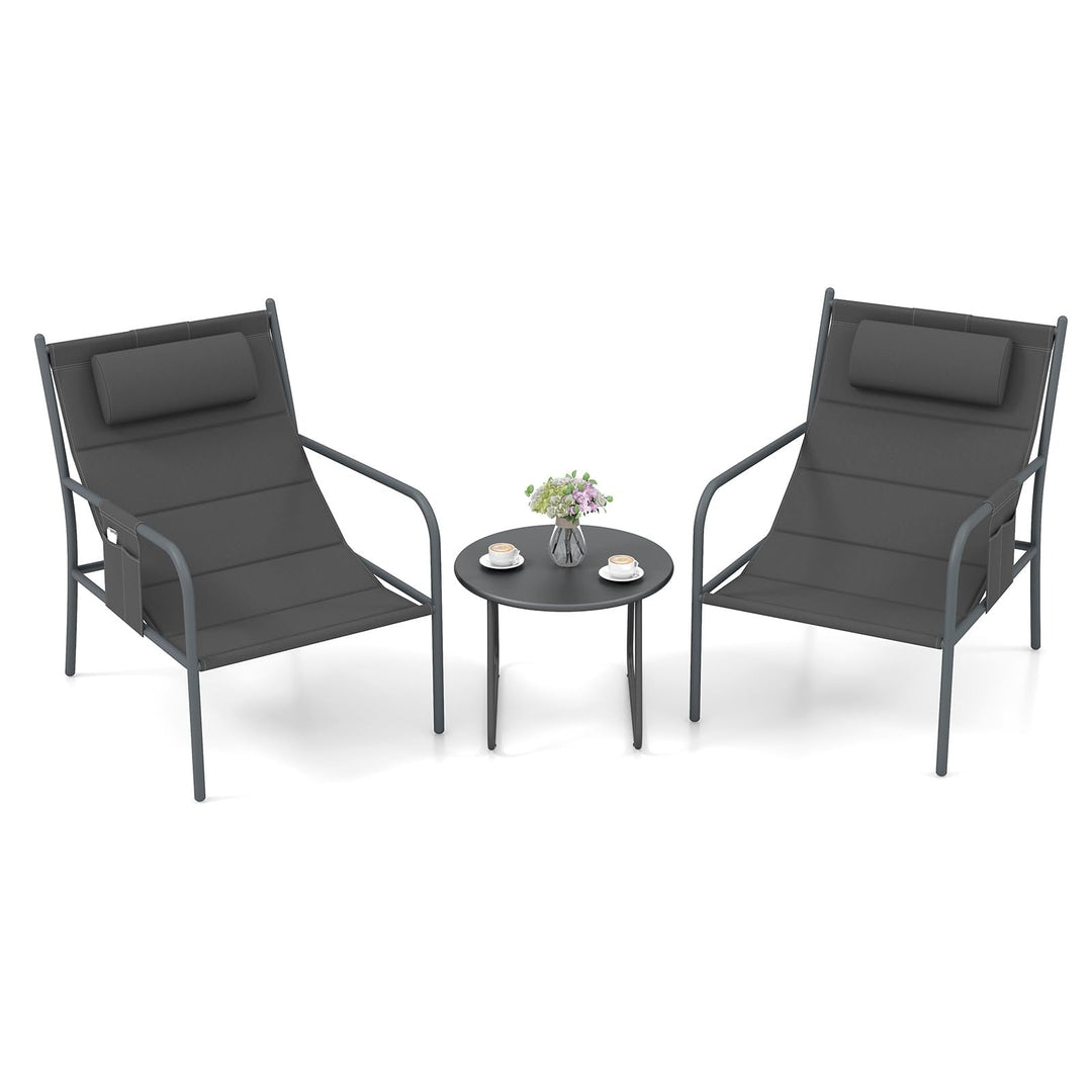 Giantex 3 Piece Patio Bistro Set, Outdoor Metal Chairs Set of 2 with Coffee Table, Breathable Fabric Seats