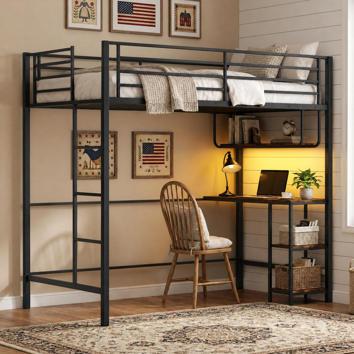 Giantex Twin Loft Bed with Desk LED Lights &amp; Charging Station