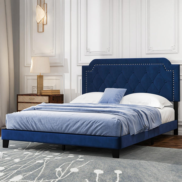 Giantex Velvet Queen Size Bed Frame, Upholstered Platform Bed with Button Tufted &amp; Nailhead Trim Headboard