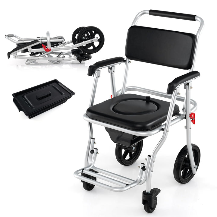 Giantex Bedside Commode Wheelchair for Toilet - Foldable Shower Chair with Arms, Lockable Casters