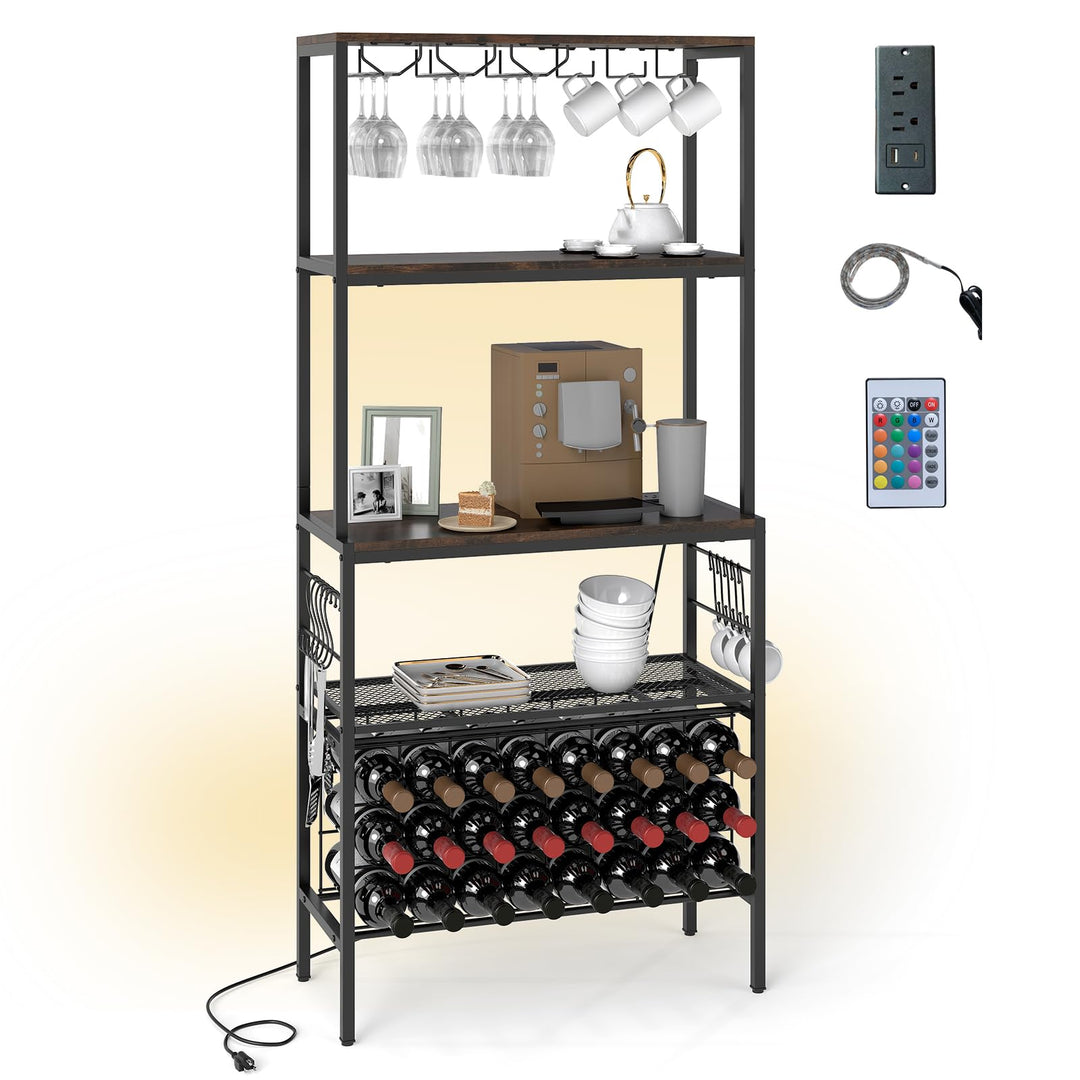 Giantex Wine Rack Freestanding Floor Wine Bar Cabinet w/Power Outlet &amp; RGB Light