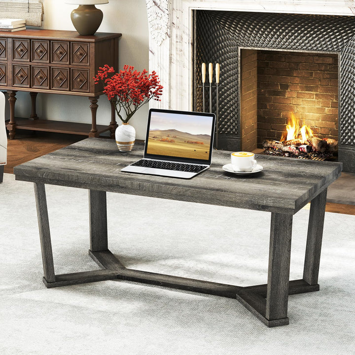 Giantex Farmhouse Wood Coffee Table with Cross-Shaped Base &amp; Rubber Wood Frame