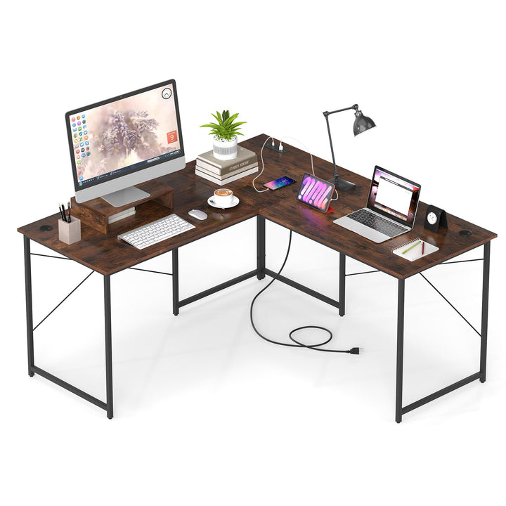59 Inch Reversible Corner Desk with Power Outlet and USB Ports &amp; Monitor Stand