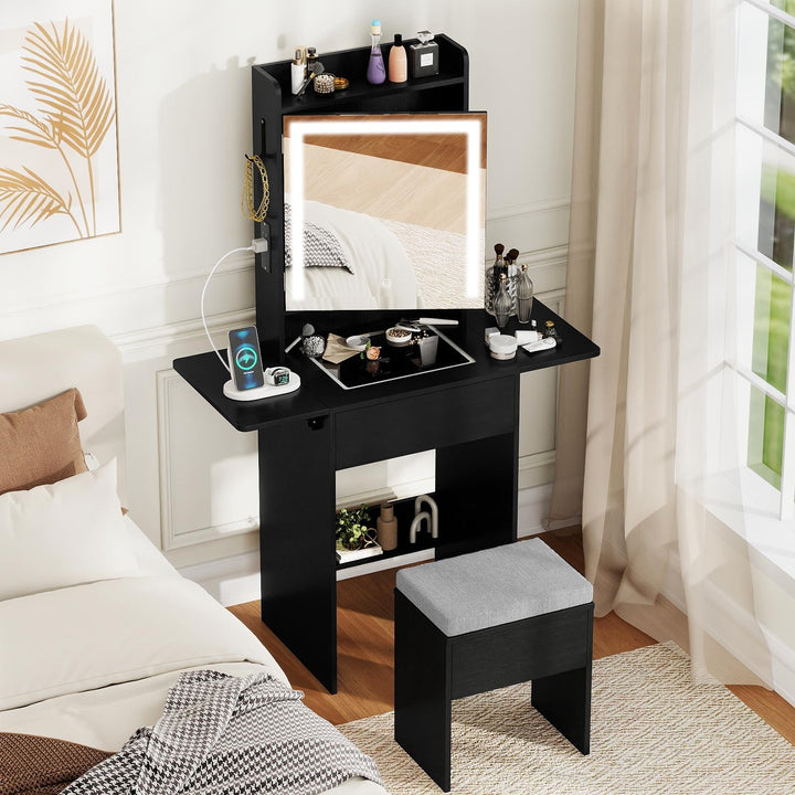 CHARMAID Compact Vanity Desk with Lighted Mirror &amp; Charging Station