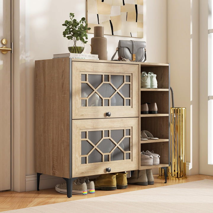 Giantex Shoe Cabinet with Flip &amp; Slide Doors, Shoe Storage Cabinet with Adjustable Cube Shelves(Decorative Doors)