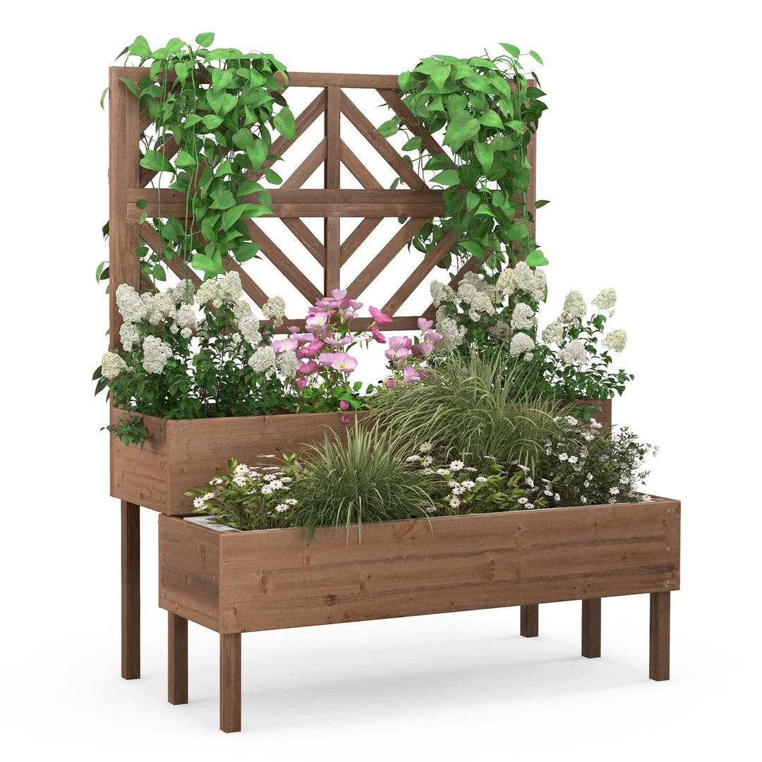 Giantex Raised Garden Bed with Trellis, 2-Tier Wooden Planter Box with Legs and Drain Holes (Brown)