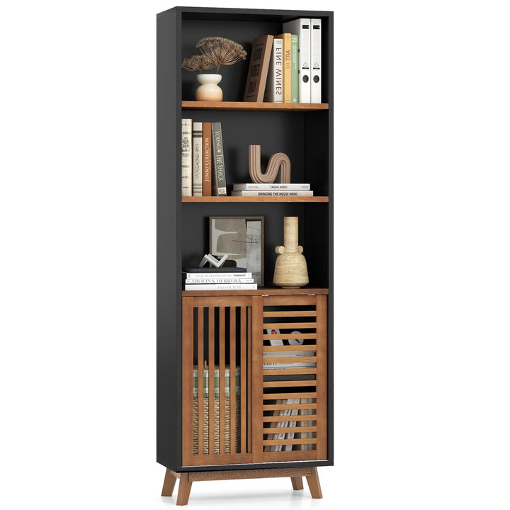 Giantex 70" Bookcase with Sliding Doors 5-Tier Tall Bookshelf with Reversible Adjustable Shelf