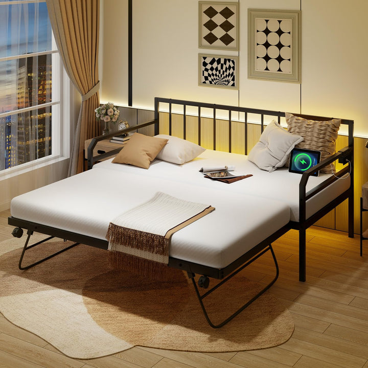 Giantex Twin Daybed with Trundle, Twin Bed Frame with Charging Station &amp; LED Lights, Metal Trundle Bed Twin w/Steel Slats Support